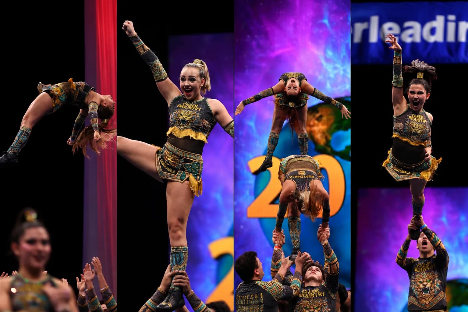 Atletas de Cheer Industry en pleno stunt durante una competencia